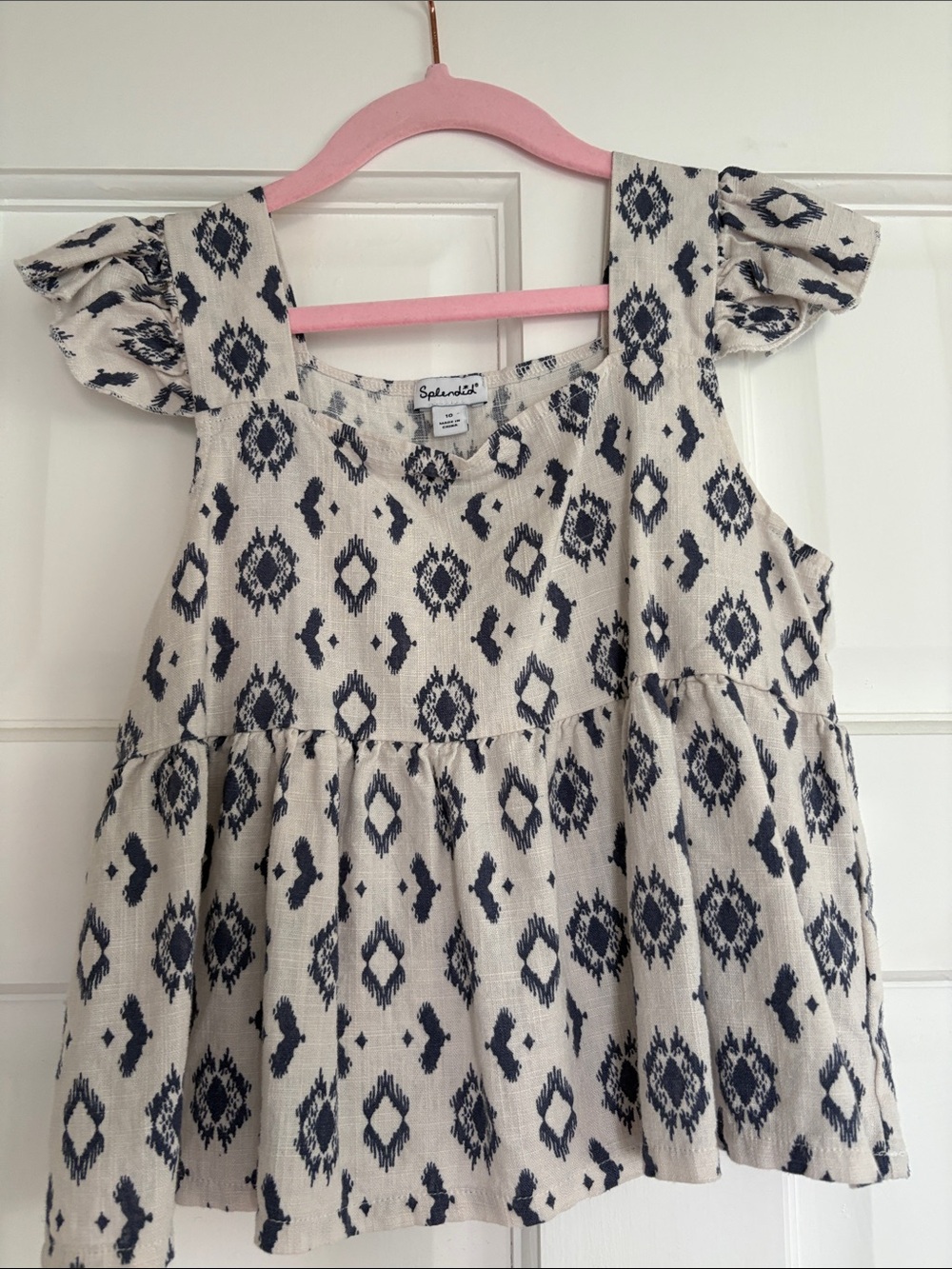 SPLENDID Cream Top with Navy Ikat Print